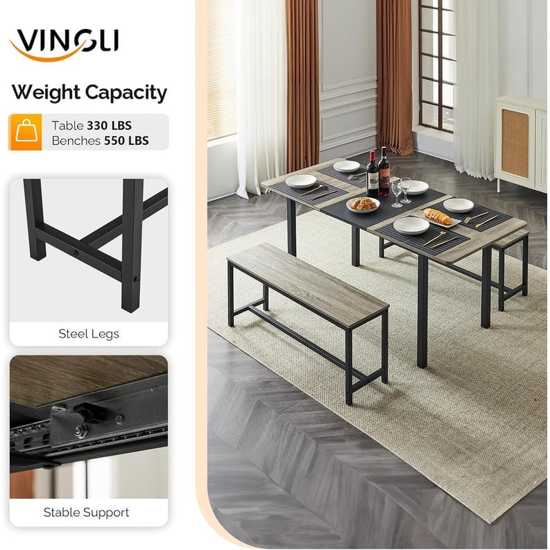 3 - Piece Expandable Dining Set,One Table With Two Benches