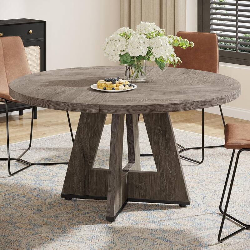 47" Round Dining Table for 4-6 People Rustic Wood Table with Pedestal Base for Kitchen Dining Room Living Room