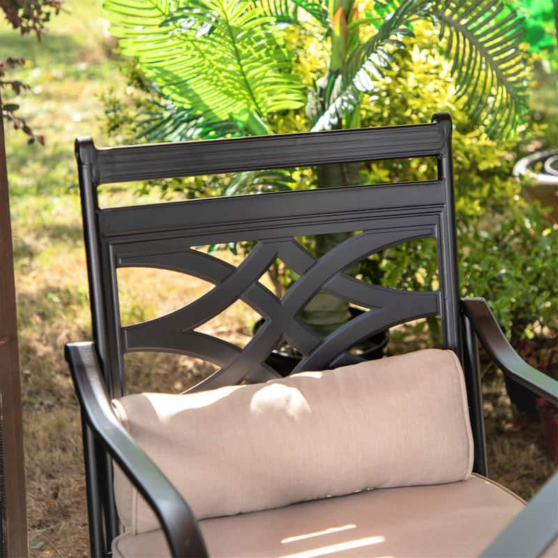 MAISON ARTS Wood-look Table and 4 Pattern Swivel Chairs with Cushion 5-Piece Metal Outdoor Patio Dining Set