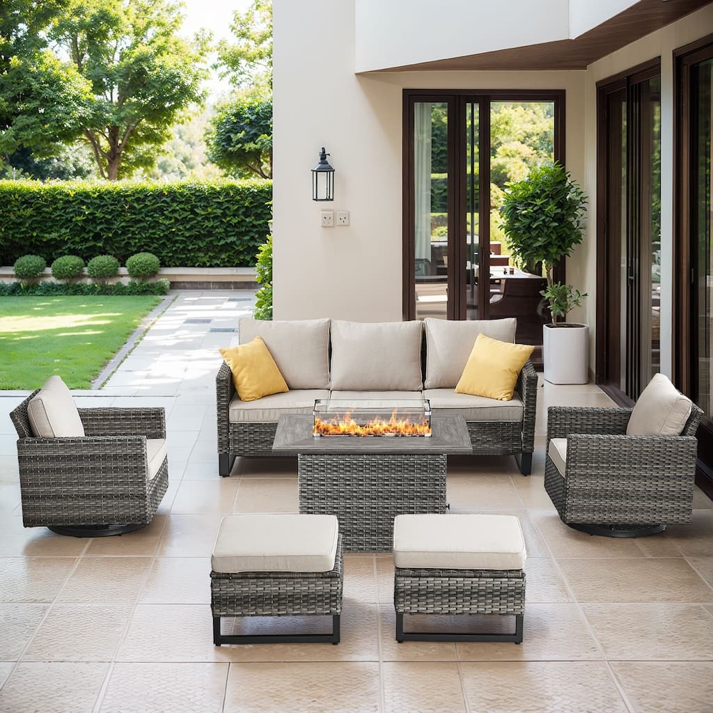 Patio Sofa 2 Swivel Chairs Ottomans and Fire Table Grey-Beige - Grey