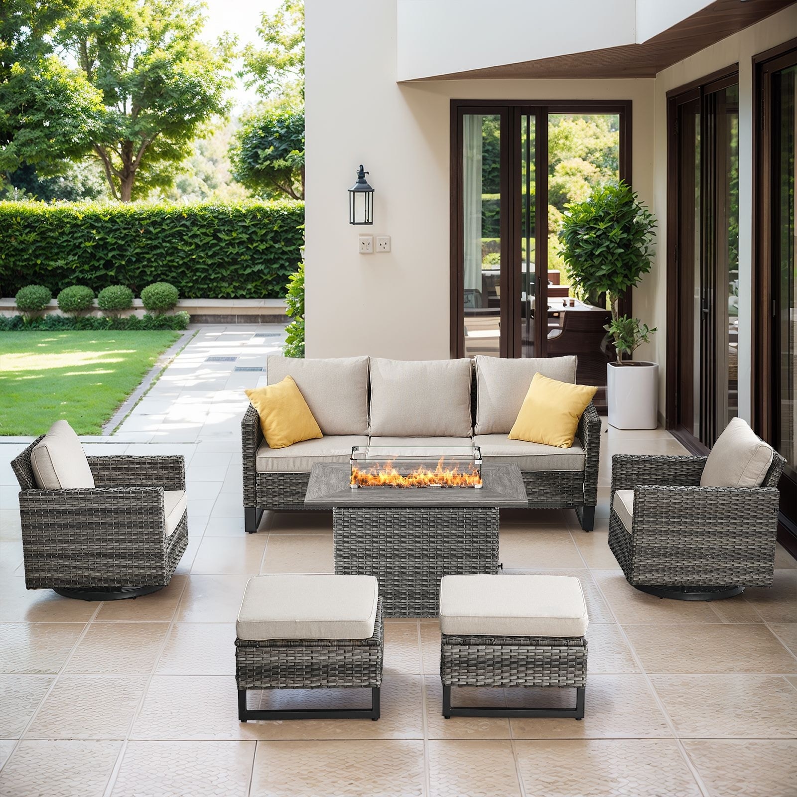 Patio Sofa 2 Swivel Chairs Ottomans and Fire Table Grey-Beige - Grey