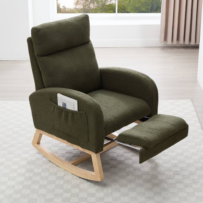 Teddy Fabric Leisure Rocking Chair,Nursery Rocking Chair With Adjustable Footstool,Thickened Headrest And High Backrest