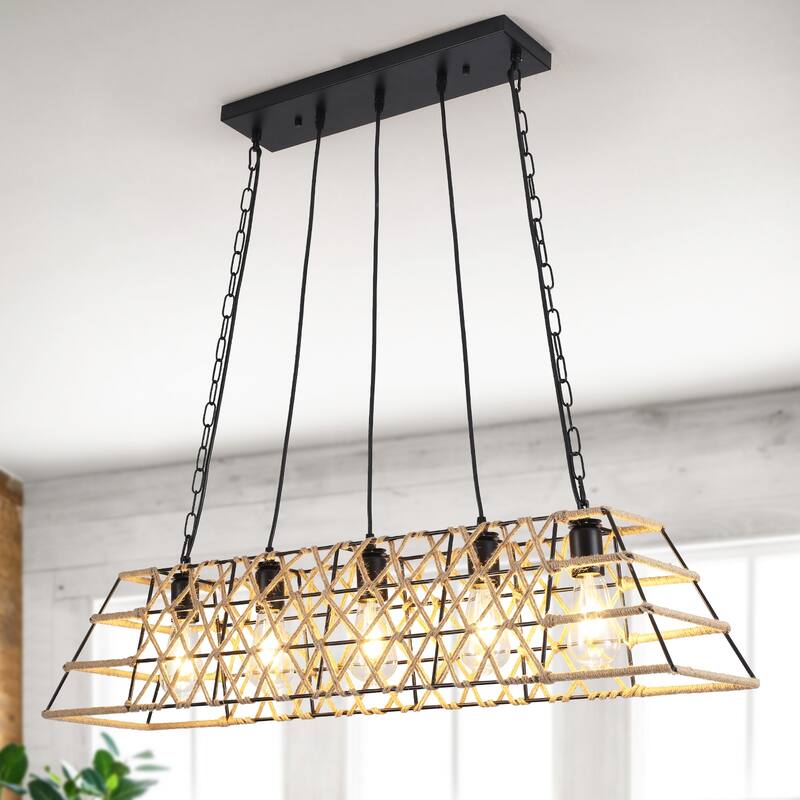 5-Light 39.4 in. Hemp Rope Trapezoid Chandelier for Living Room