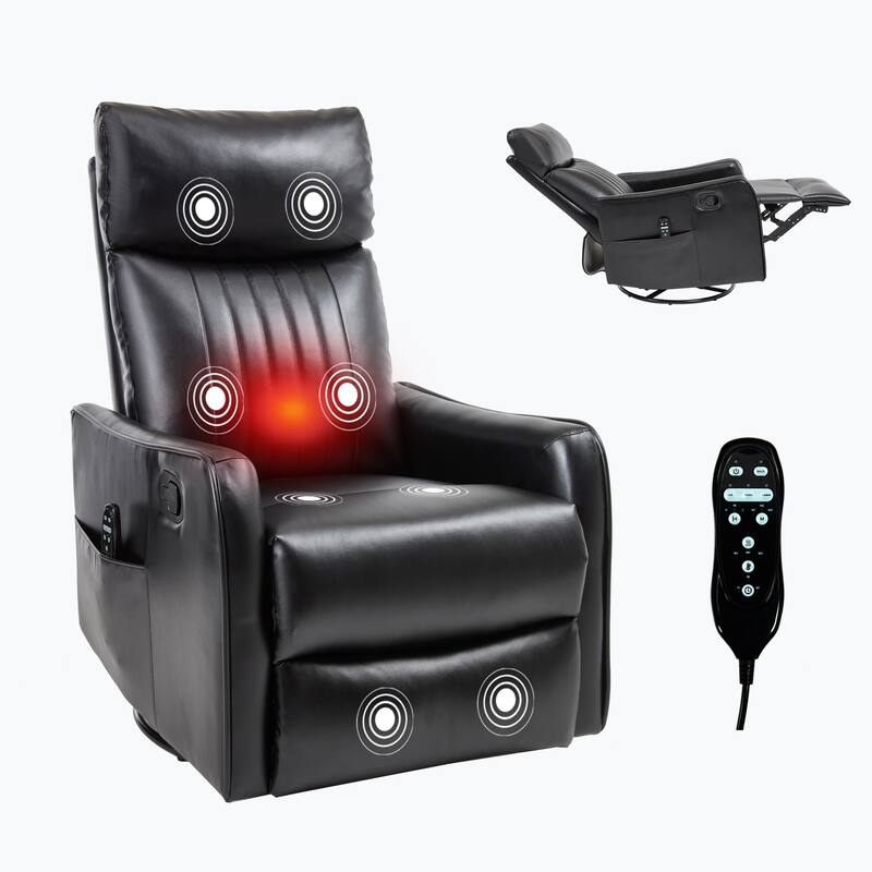 Black Faux Leather Heat Massage Manual Recliner Chair with Rocker and Swivel for Living Room