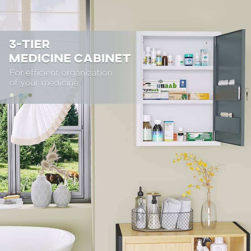 kleankin Wall Medicine Cabinet with Lock, Hanging Medical Cabinet, First Aid Wall Cabinet for Bathroom Kitchen, White and Grey