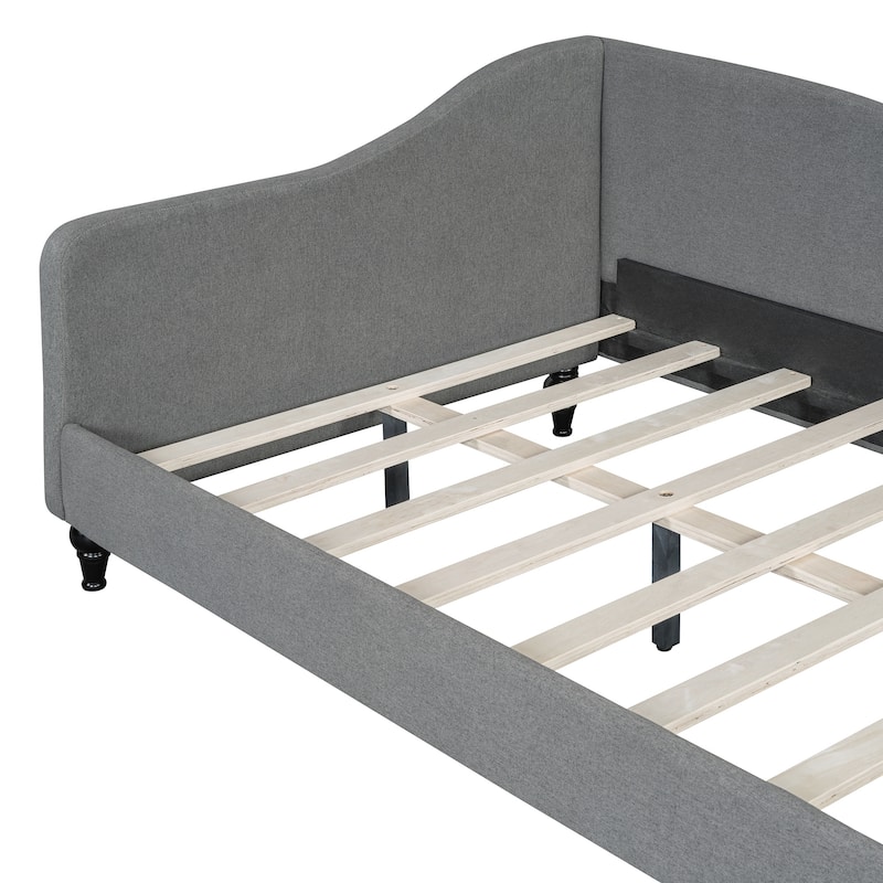 L-Shaped Daybed Linen Upholstered Wood Slat Bed with Solid Wood Legs and Curved Armrest & Backrest for Bedroom Living Room