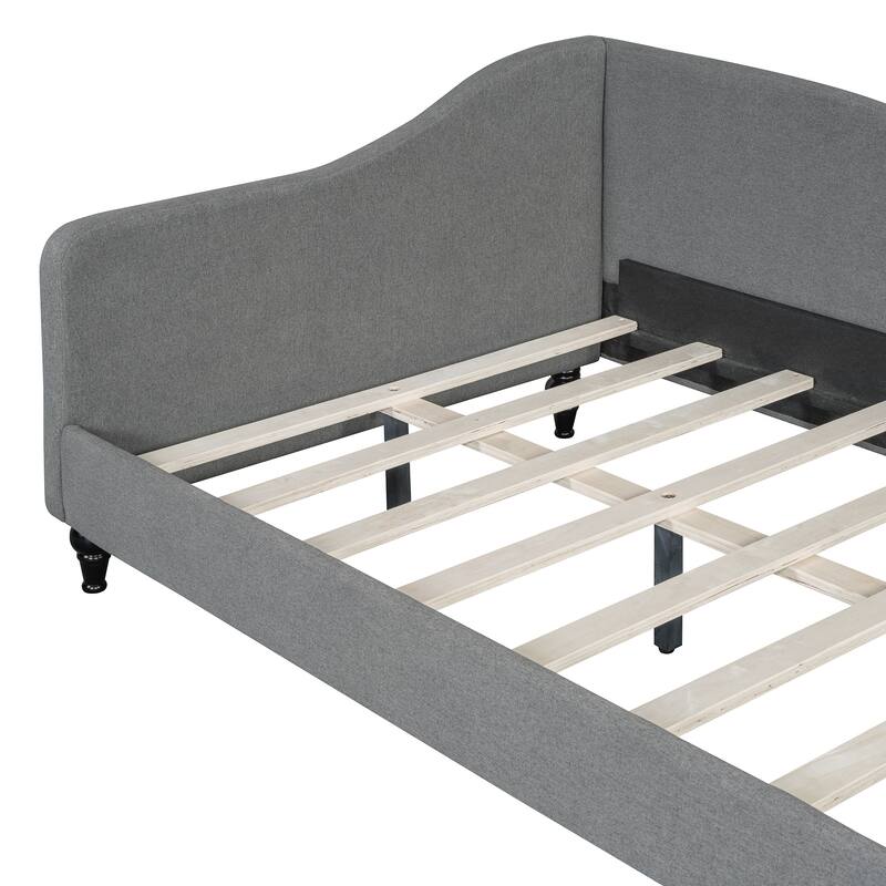 Twin/Full Size Upholstered Daybed, Linen Fabric Sofa Bed with Solid Wood Legs and L Shaped Backrest, Solid Wood Bedframe