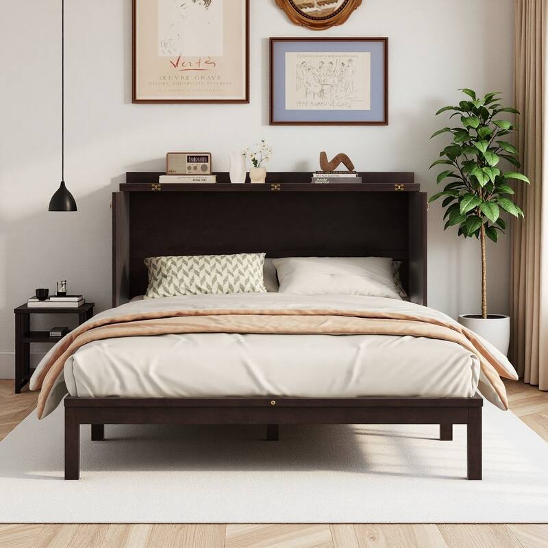 Queen Size Murphy Bed with Drawer Pine Wood Cabinet Bed with Power Station and Rattan Decoration Panel