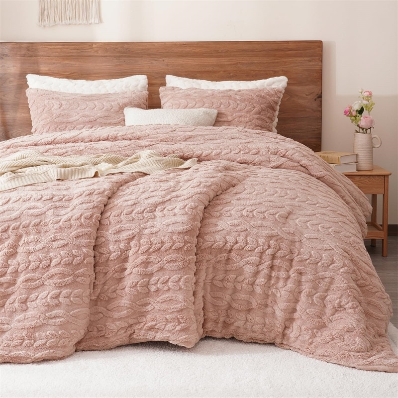 Fluffy Sherpa Fleece Comforter Set Cream Queen