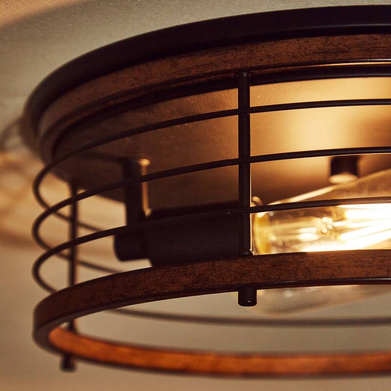 2 Light 13" Caged Drum Farmhouse Flush Mount - 13"x5.85"