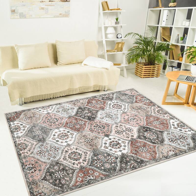 Rugs for Living Room Vintage Oriental Trellis Area Rug Soft Non Slip Low Pile Accent Rugs for Dining Room Office