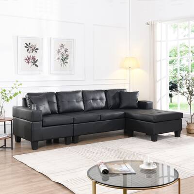 Modern Black PU Sectional Sofa Set, Chaise Lounge, Cup Holders, 4 Seat ...