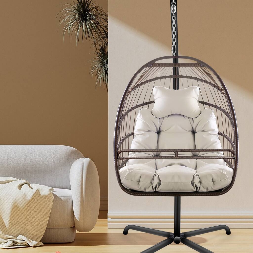 43 in. W x 43 in. D x 77 in. H 1-Person Metal Patio Basket Hanging Swing with Brown Cushions
