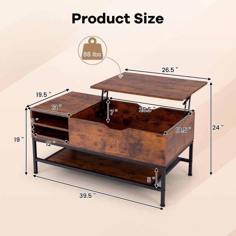 Gymax Lift Top Coffee Table w/ Hidden Compartment & Removable Storage