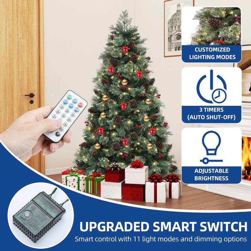 7.5ft Prelit Artificial Carolina Pine Christmas Tree with Remote, Green Artificial Hinged Christmas Tree w/ 1200 Mixed Tips