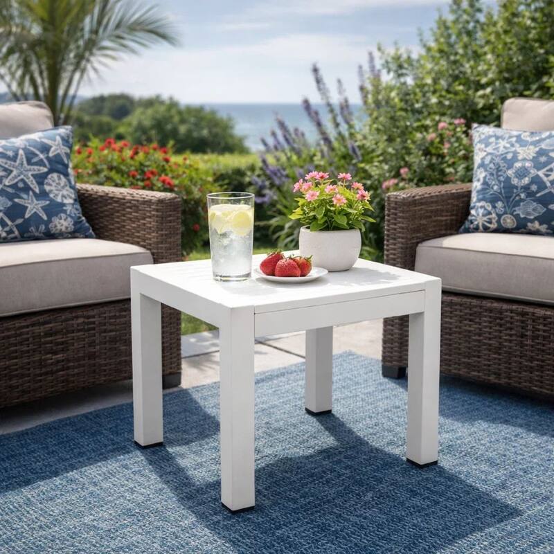 Josh 18 Inch Side End Table, Polyresin Planks, Crisp White Aluminum Frame