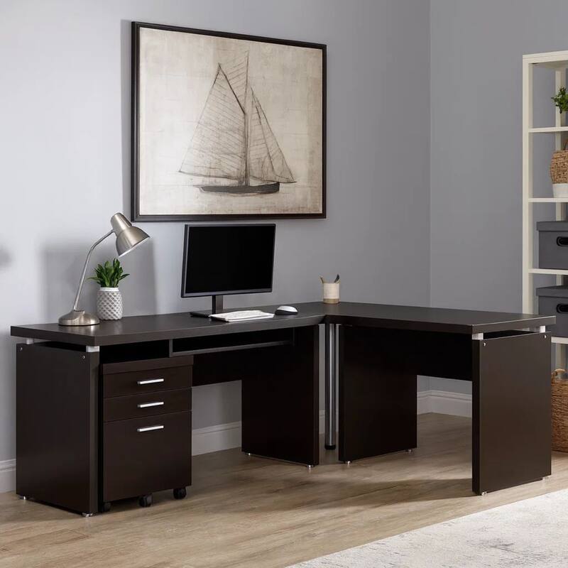 Niti 2 Piece Home Office L Desk with File Cabinet, Keyboard Tray Dark Brown
