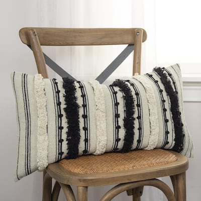 Rizzy Home Neutral Textured Embroidered Striped Throw Pillow