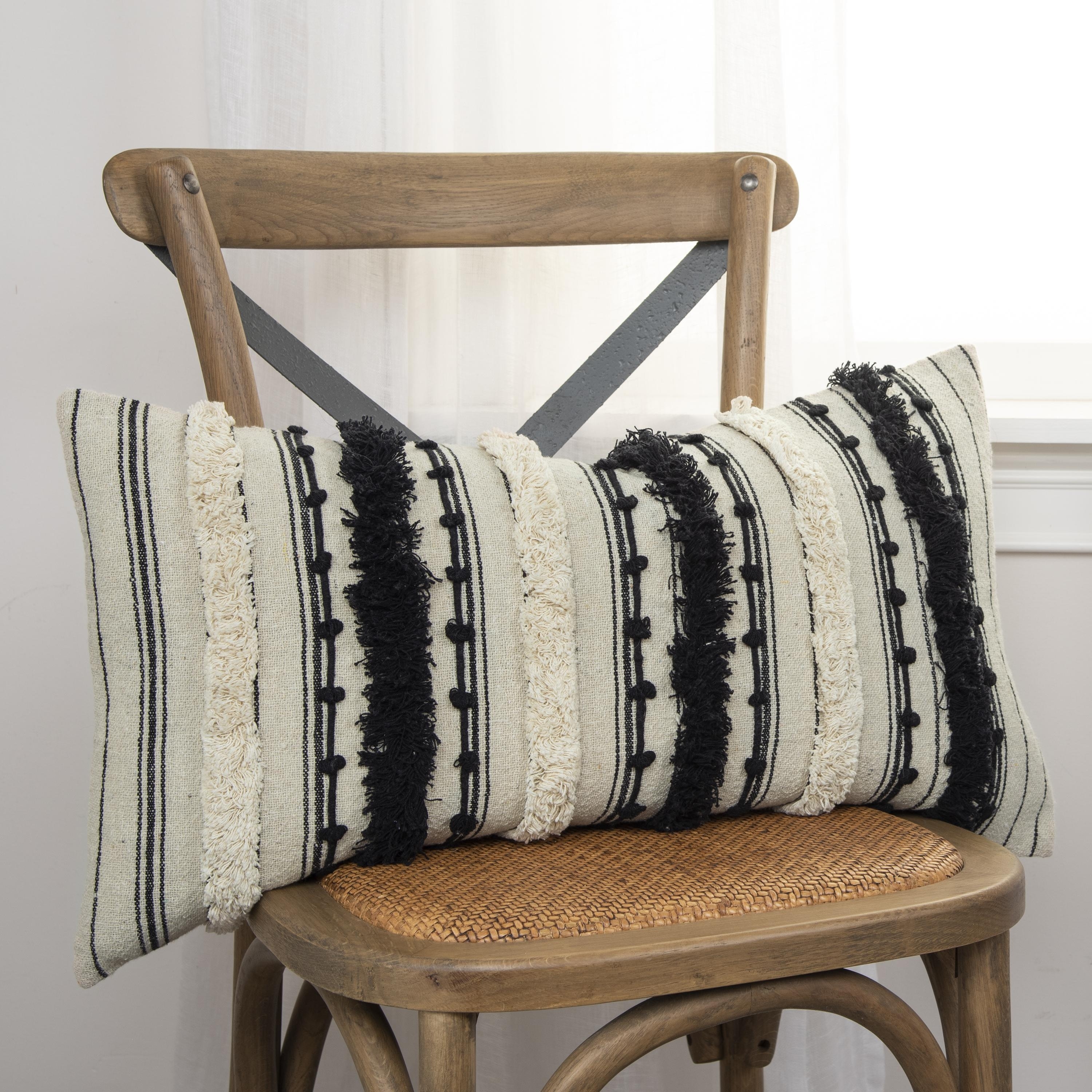 Rizzy Home Neutral Textured Embroidered Striped Throw Pillow, 14x26