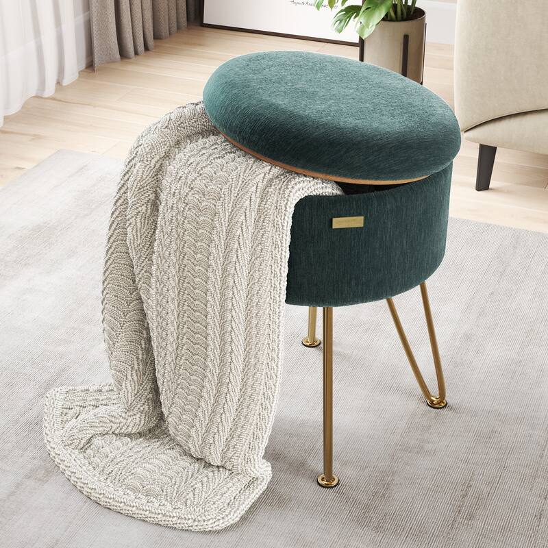 Emperyan Textured Velvet Round Ottoman with Hidden Storage