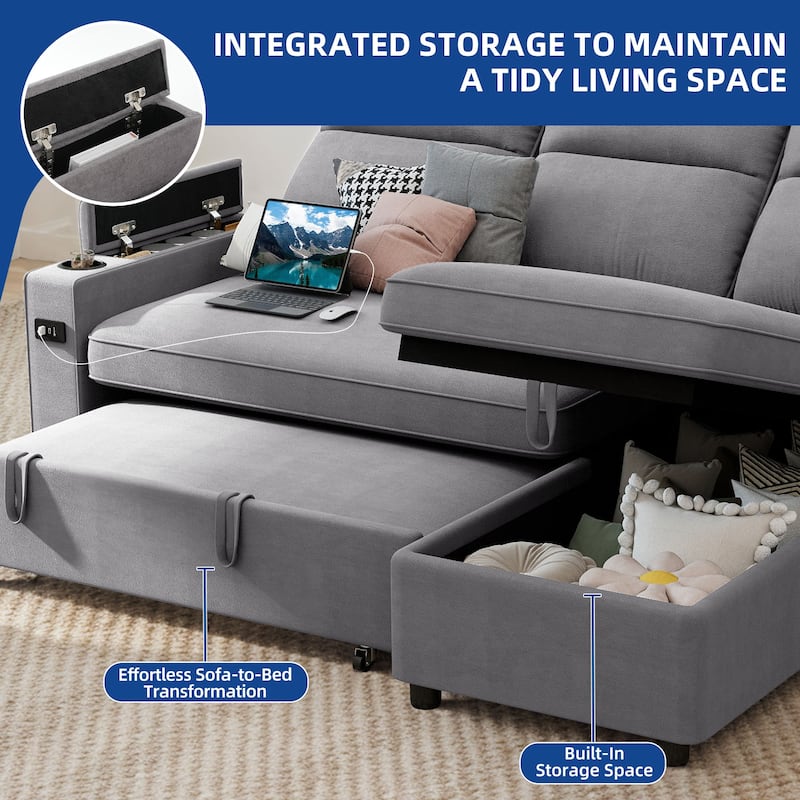 Moasis 81" Sectional Sleeper Sofa with Pull Out Bed & Adjustable Backrest and Power Outlets