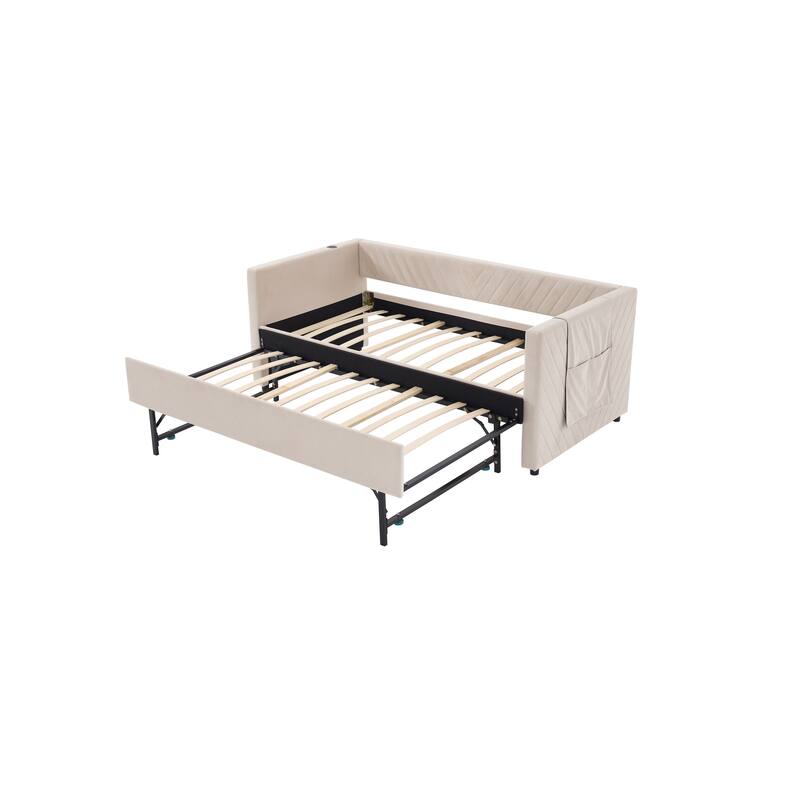 Twin Size Upholstered Daybed with Trundle for Bedroom - Beige