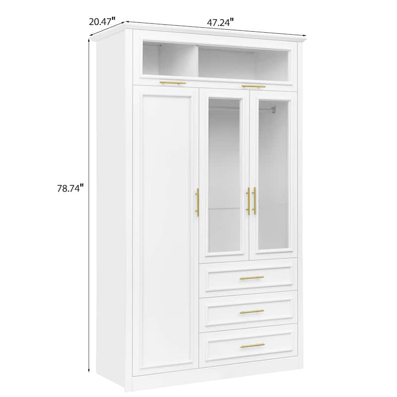 3-Door Wardrobe Armoire Closet with LED Lights and 3 Drawers Pine Wood MDF Clothing Storage Cabinet
