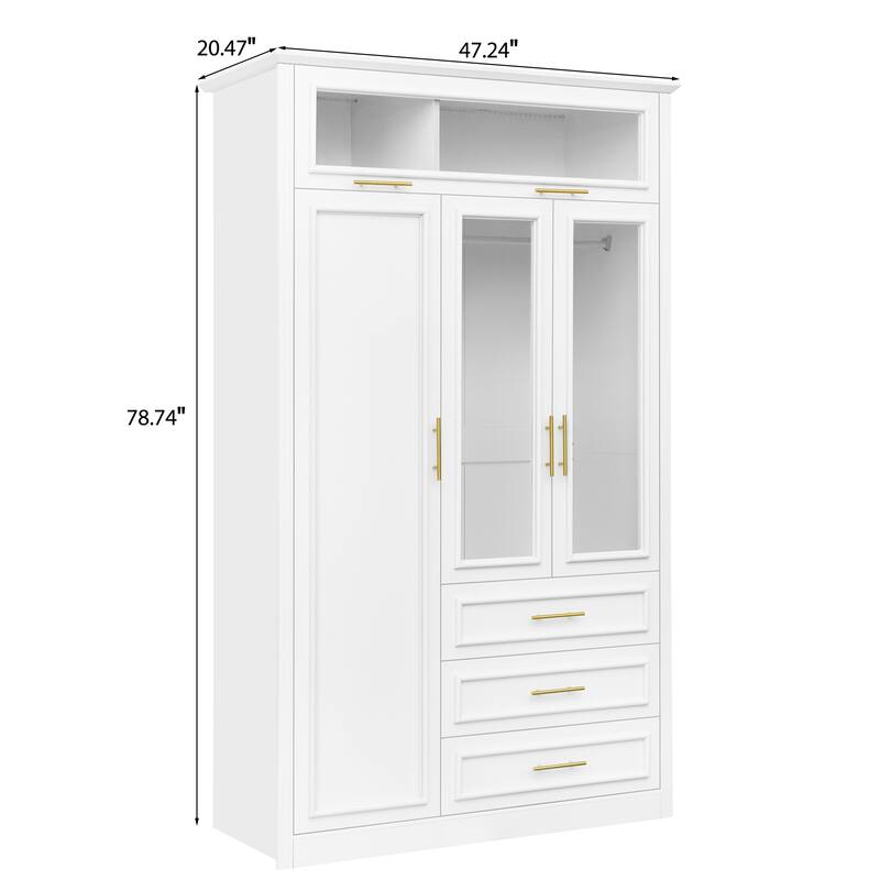 3 Door Wardrobe Built-in LED Light Clothes Storage Cabinet / 3 Drawers White Armoire Closet