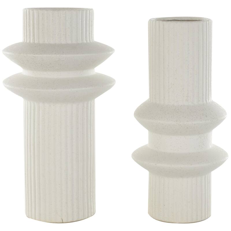 Ceramic Abstract Ribbed Decorative Vase with Speckled Texturing - Set of 2 White - Roche River Decor