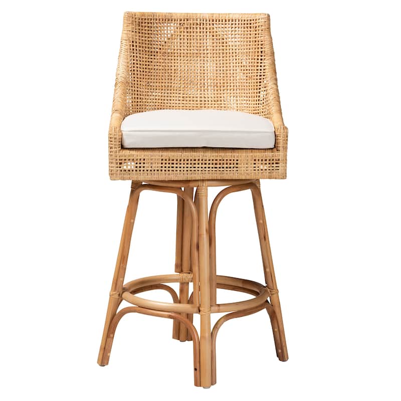 Bella Swivel Rattan Counter Stool with Cushion - Handwoven Wicker Kitchen Island Seating with Backrest and Footrest