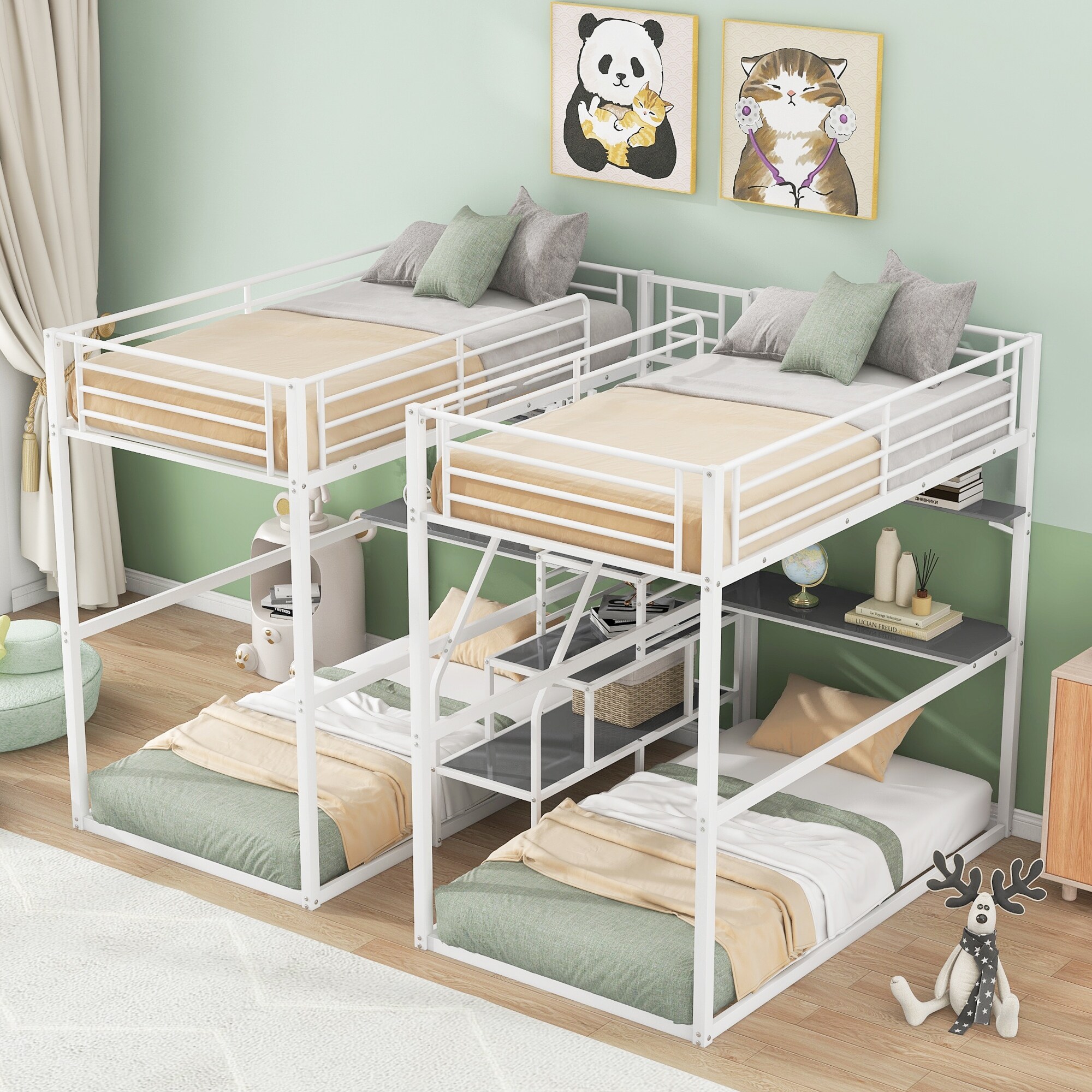 Double Twin over Twin Metal Bunk Bed with Desk Shelves and Storage Staircase Full Length Guardrail Top Bunk for Kids Teens