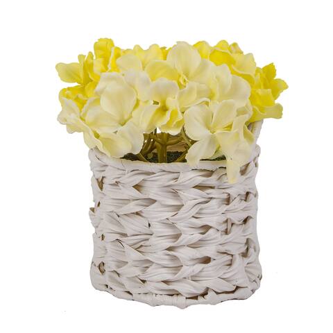10" Light Yellow Hydrangea Bouquet in White Basket - 10 in
