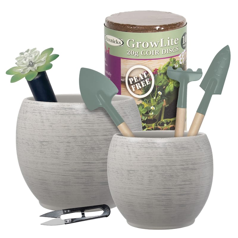 Alberta Fashion Gray Indoor Ceramic Plant Pot Kit with Soil Tools and Moisture Meter - 5.9" & 4.7"D - 5.9" & 4.7"D