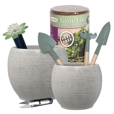 Alberta Fashion Gray Indoor Ceramic Plant Pot Kit with Soil Tools and Moisture Meter - 5.9" & 4.7"D