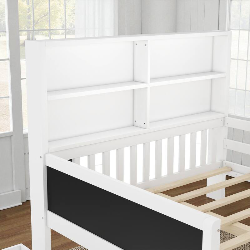 Twin/Full Solid Wood Platform Bed with Chalkboard Headboard, Storage Drawers and Shelves, Space-Saving Kids Bed