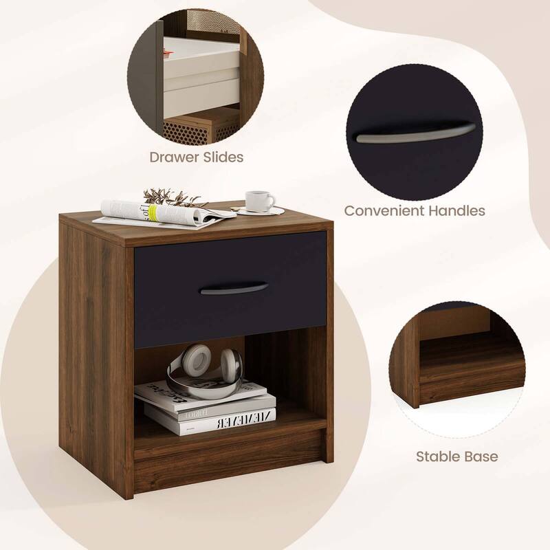 Costway Modern Nightstand Bedside Table with Drawer Open Storage Shelf