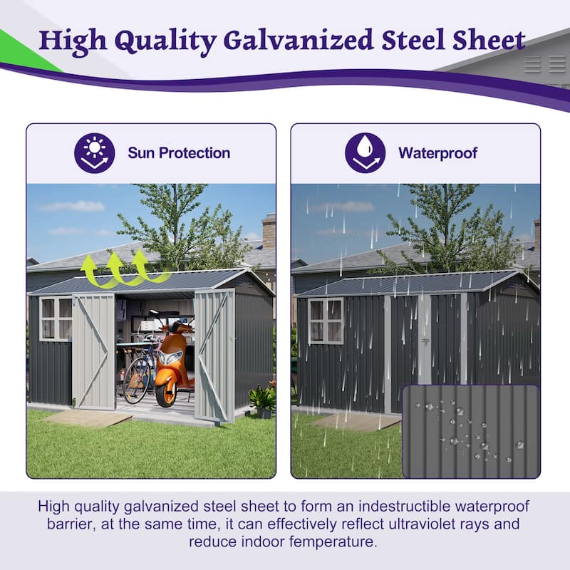 10X8FT Outdoor Steel Storage Shed with Clear Window, Lockable Doors, Weather-Resistant Metal Tool Shed, Gray