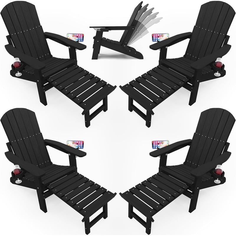 WINSOON All Weather HIPS Folding Adirondack Chair with Ottoman, 5-Gear Adjustable Backrest and Retractable Ottoman Set of 4