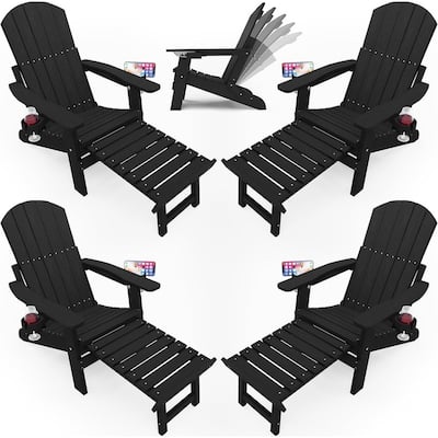 WINSOON All Weather HIPS Folding Adirondack Chair with Ottoman, 5-Gear Adjustable Backrest and Retractable Ottoman Set of 4