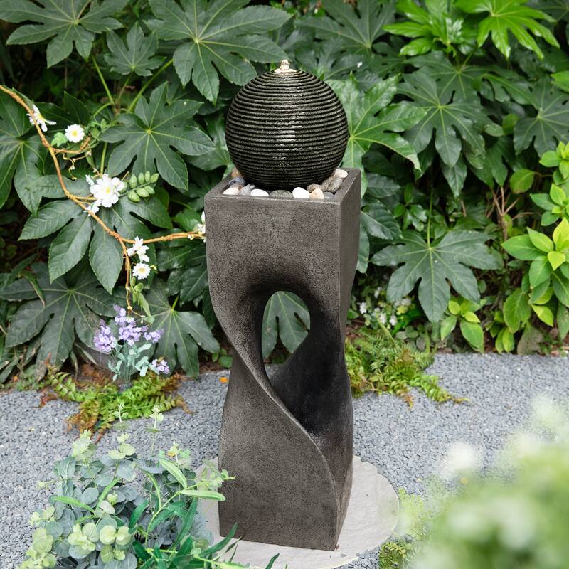 Glitzhome Modern Geometric Oversized Pedestal Sphere Polyresin Outdoor Floor Fountain with Pebbles