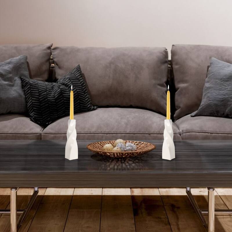 White Tall Curvy Santa Fe Style Ceramic Candlesticks Set of Two