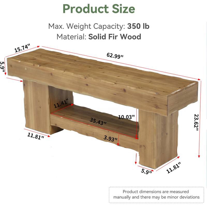 63 Inch Entryway Shoe Bench, Solid Wood Dining Bench for Kitchen / Bedroom / Hallway - 62.99" L x 15.74" W x 23.62" H