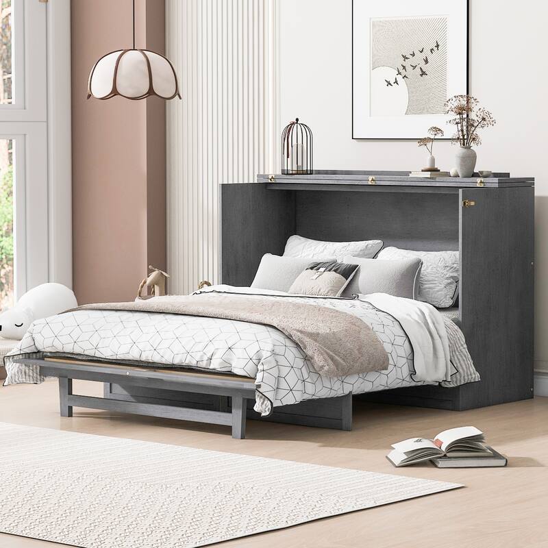 Gray Queen Size Murphy Bed with Versatile Storage Drawers & USB