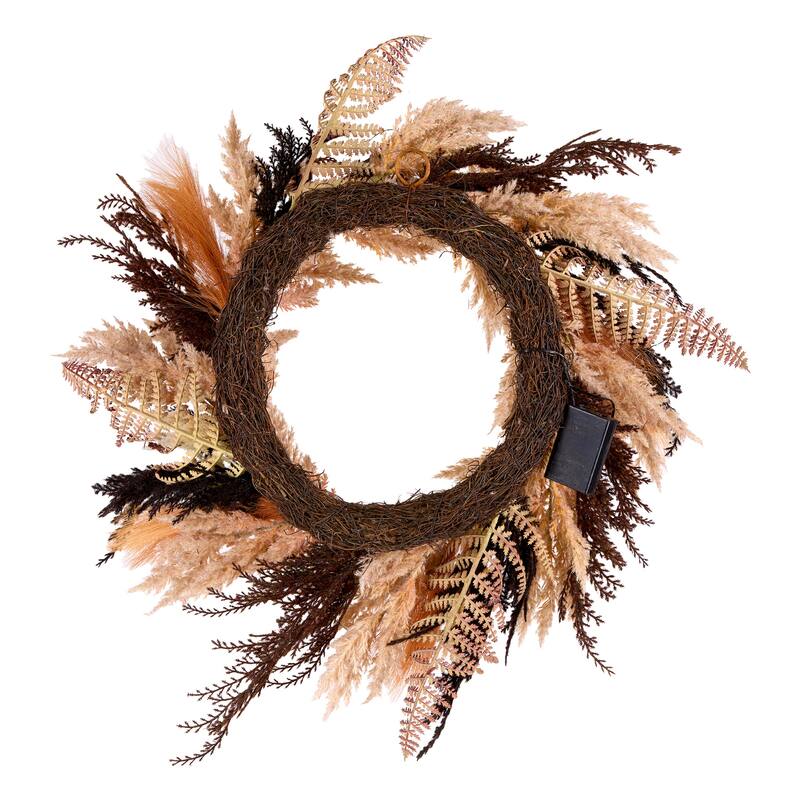 National Tree Company 26" Artificial Orange and Black Pampas Wreath, 30 Warm White LED Lights, Battery Operated - 26 in