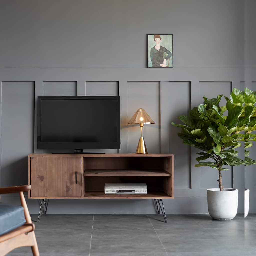 Modern Minimalist TV Stand, Retro Made From Recycled Wood TV Stand with 2 Open Shelves, for Living Room