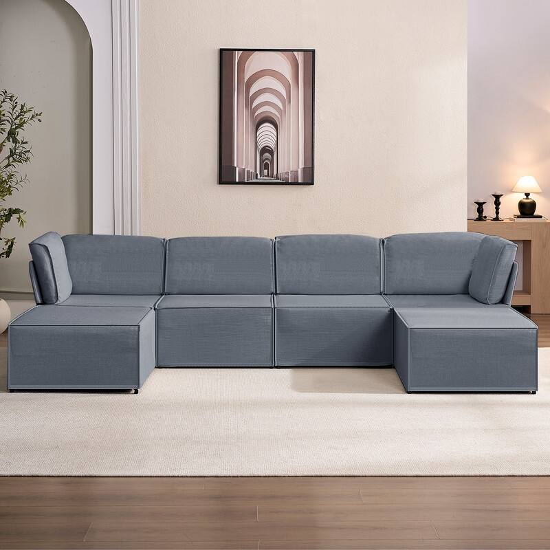 Mixoy Oversized Modular Sectional Sofa, U/L-Shaped Couch with Deep Seat, Ottoman, Convertible Modern Linen Sleeper Sofa Bed - Dark Grey - Reversible