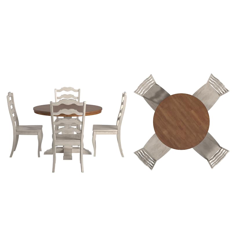 Ronda 45" Round Solid Wood Top Dining Set with French Ladder Back Chairs