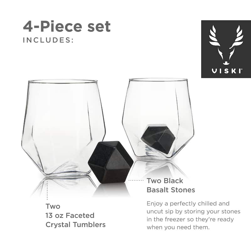 Viski 4 Piece Faceted Tumbler and Hexagonal Basalt Stone Set Set of 2 Crystal Glasses