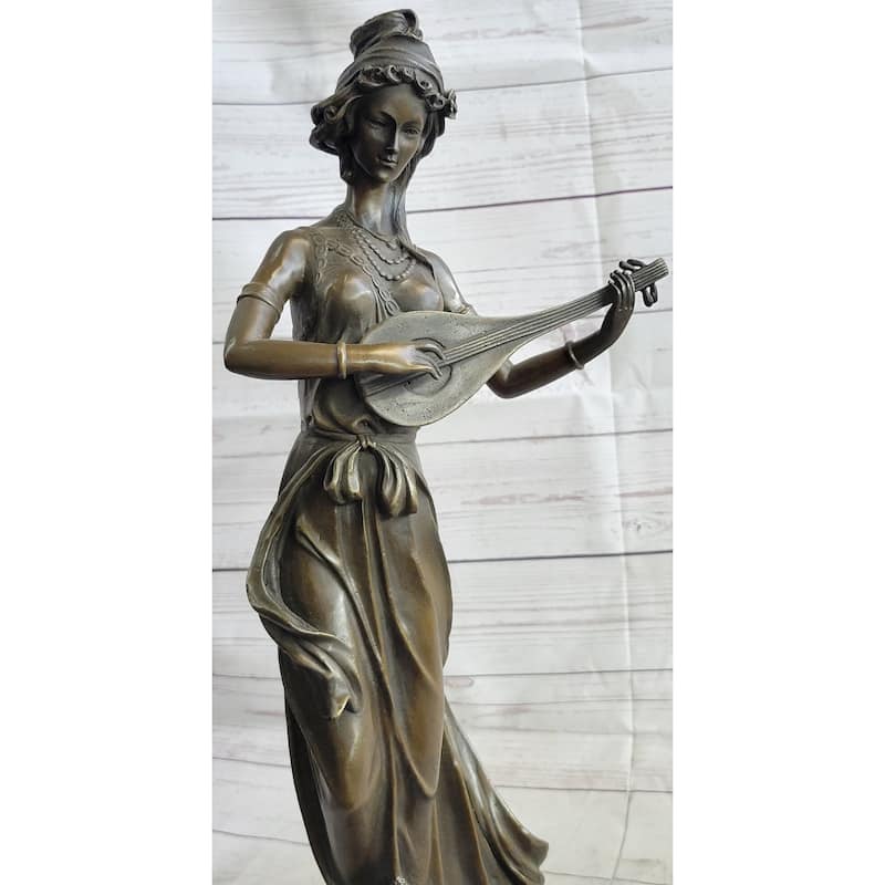 Hand Made Original Artwork By Jean Patoue Female Playing Banjo Bronze Sculpture