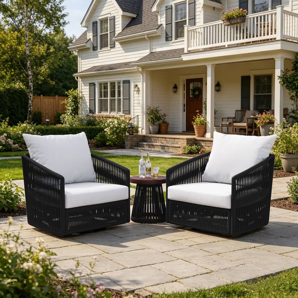 3 Piece Patio Woven Rope Swivel Chair Seating Group with Cushions